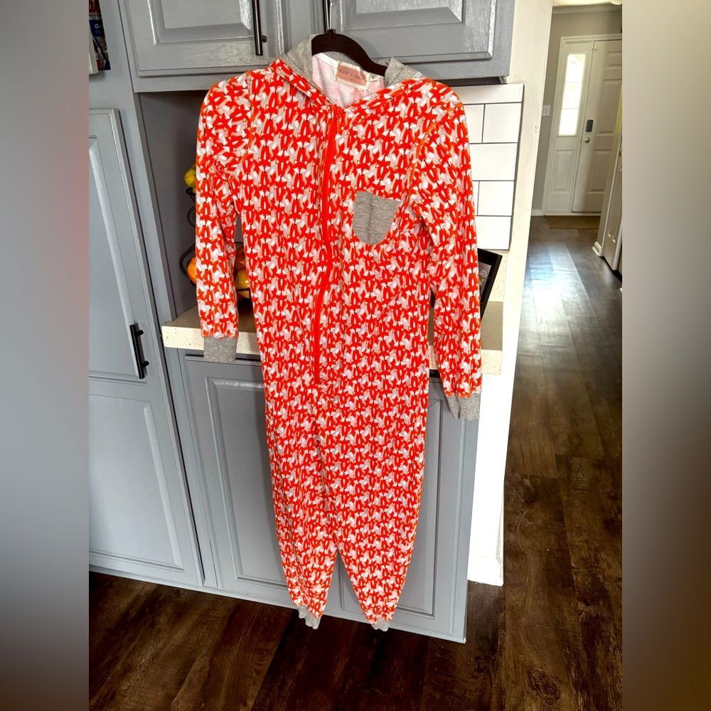 Orange and white fox Print adult Onesie with hood